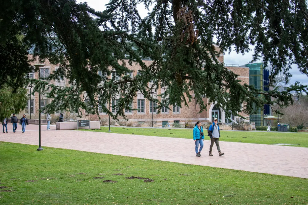 Students walking across a university campus